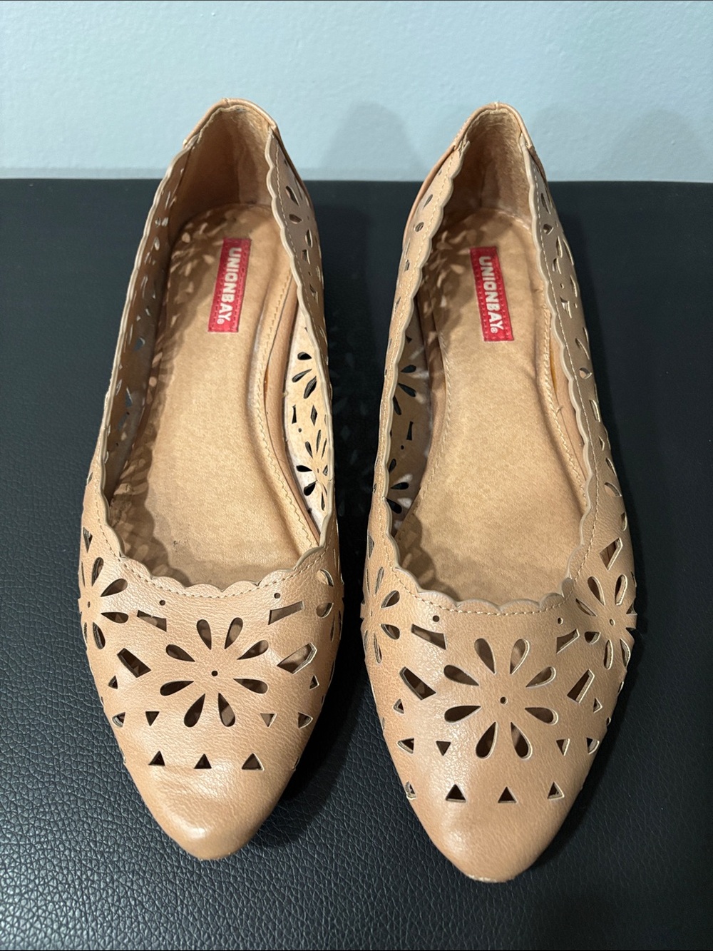 UNIONBAY Women's Beige Laser-Cut Pointed Toe Flats